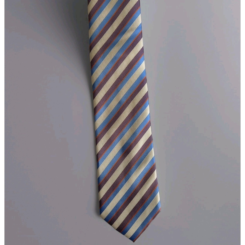 Men's Tie Necktie Milano Laurant Bennet Diagonal Striped Tan, Blue, Orange, Red